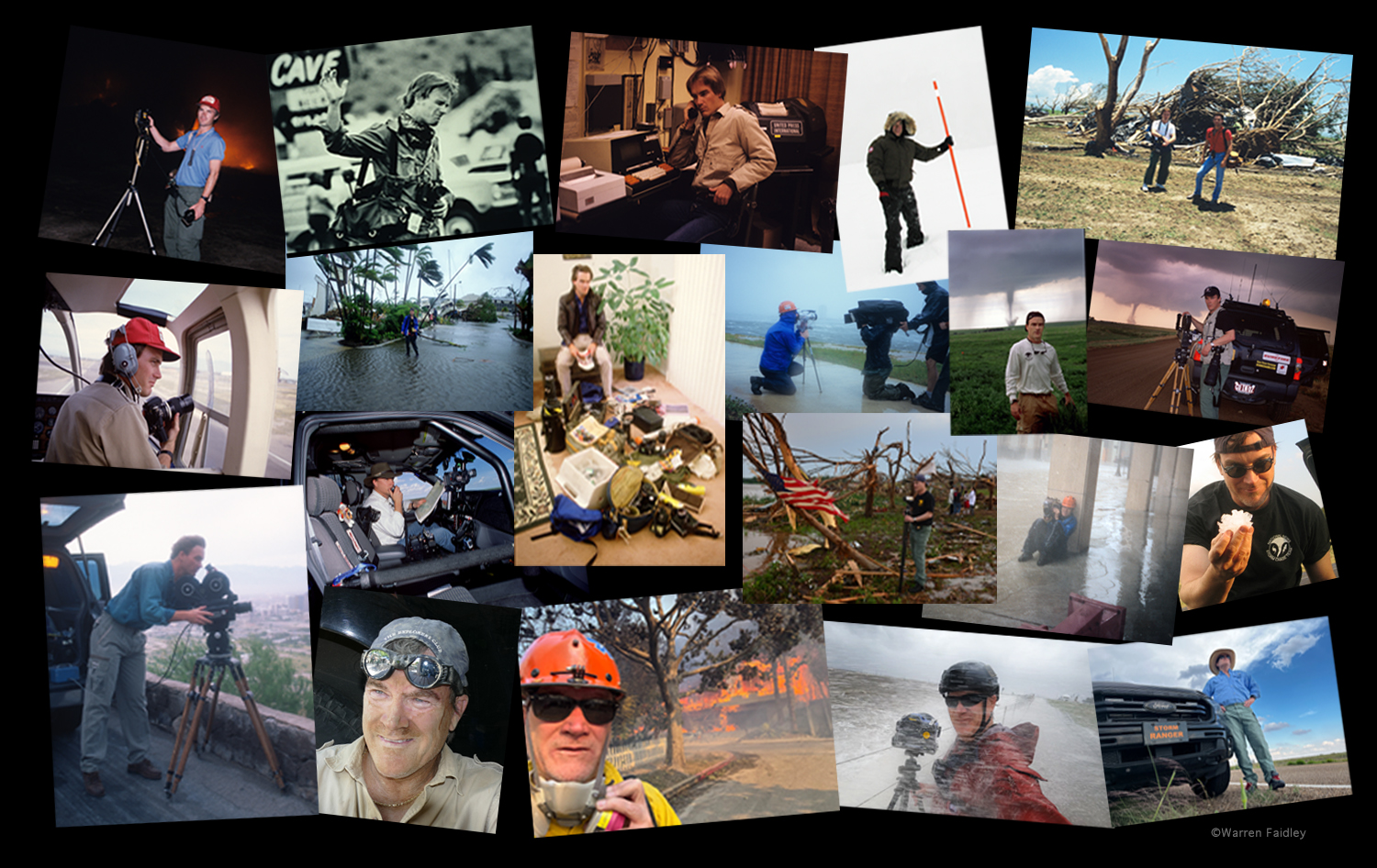 Collage of Warren Faidley, the Cyclone Cowboy including torndo chases, lightning, hurricanes